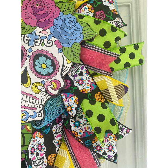 Day of the Dead Sugar Skull Los Dias De Los Muertes Halloween Wreath Sign Decor - Picture 7 of 9